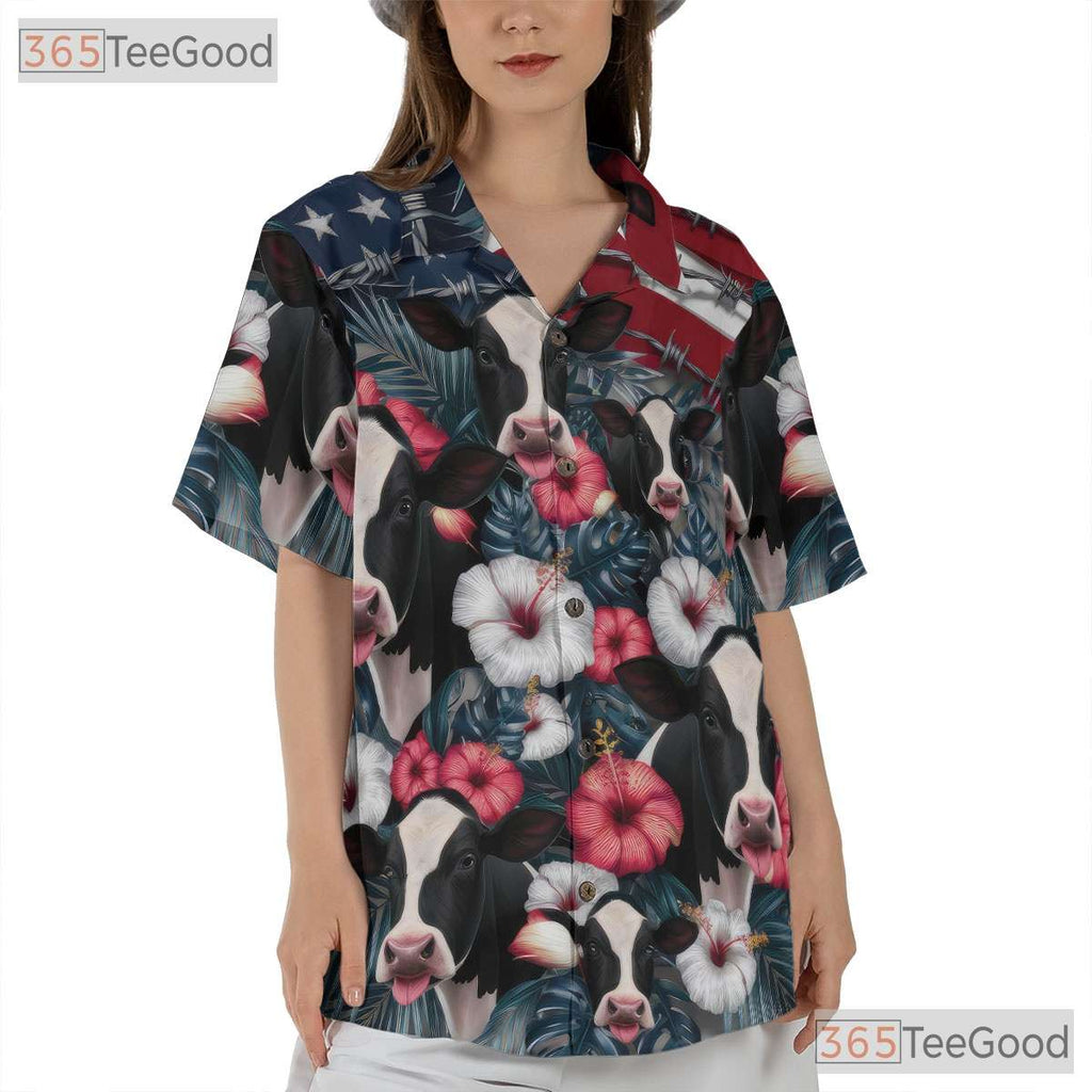 Patriotic Red White Blue Floral USA Cow Hawaiian Tee Unisex Summer Party Outfit
