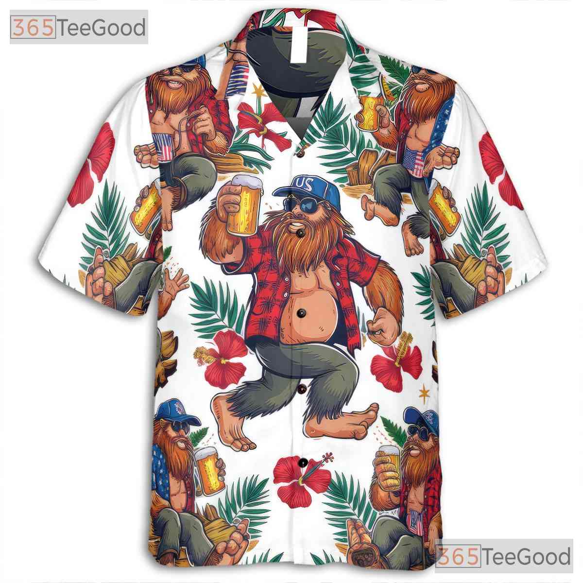 Patriotic Sasquatch Bigfoot USA Flag Beer Hawaiian Shirt Unisex Summer Party Top