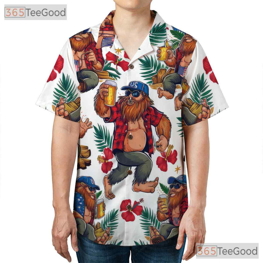 Patriotic Sasquatch Bigfoot USA Flag Beer Hawaiian Shirt Unisex Summer Party Top