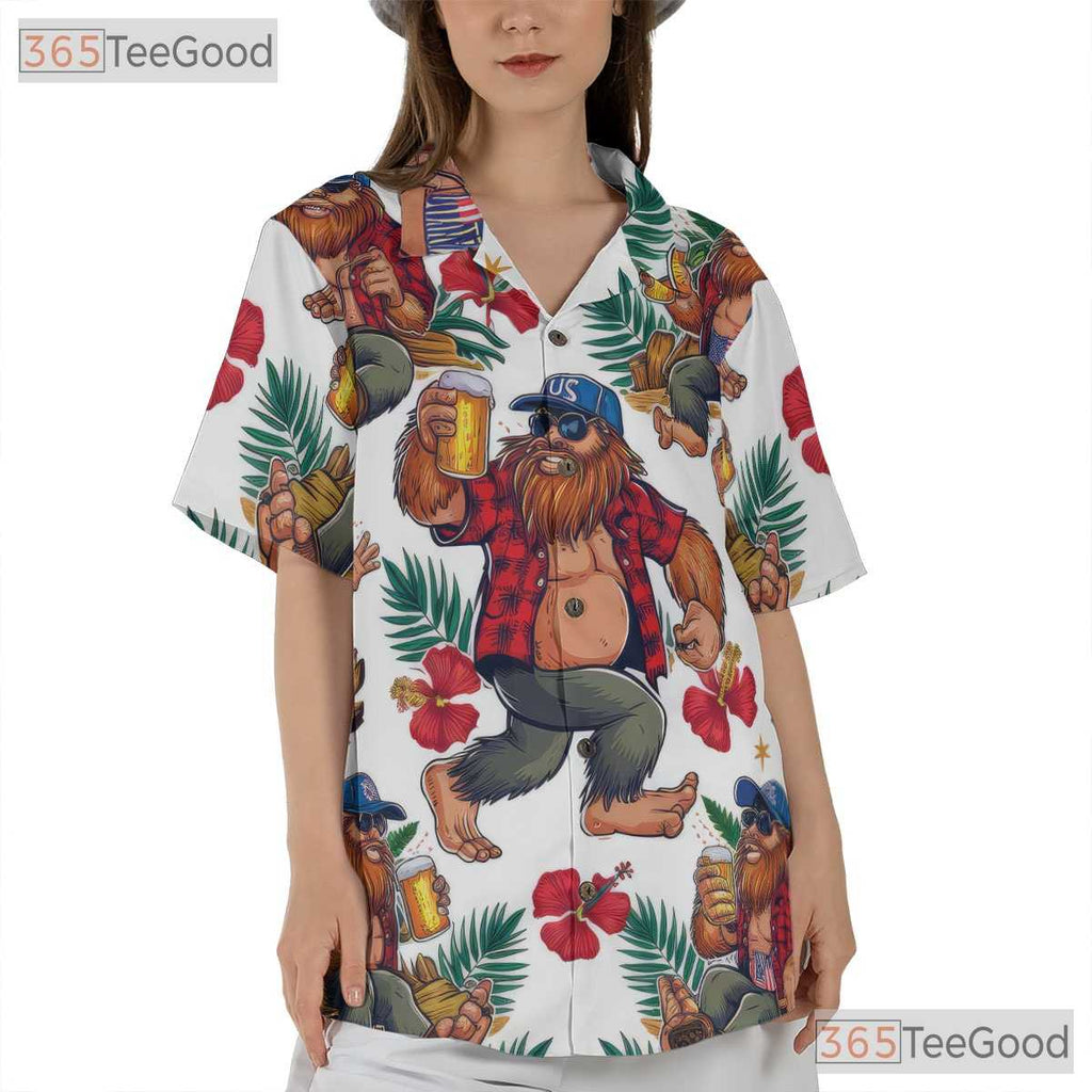 Patriotic Sasquatch Bigfoot USA Flag Beer Hawaiian Shirt Unisex Summer Party Top