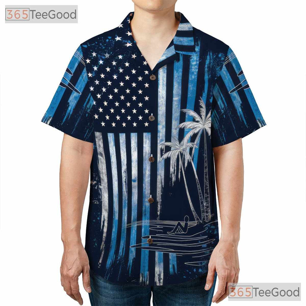 Patriotic USA American Flag Palm Tree Beach Print Hawaiian Shirt Unisex Top