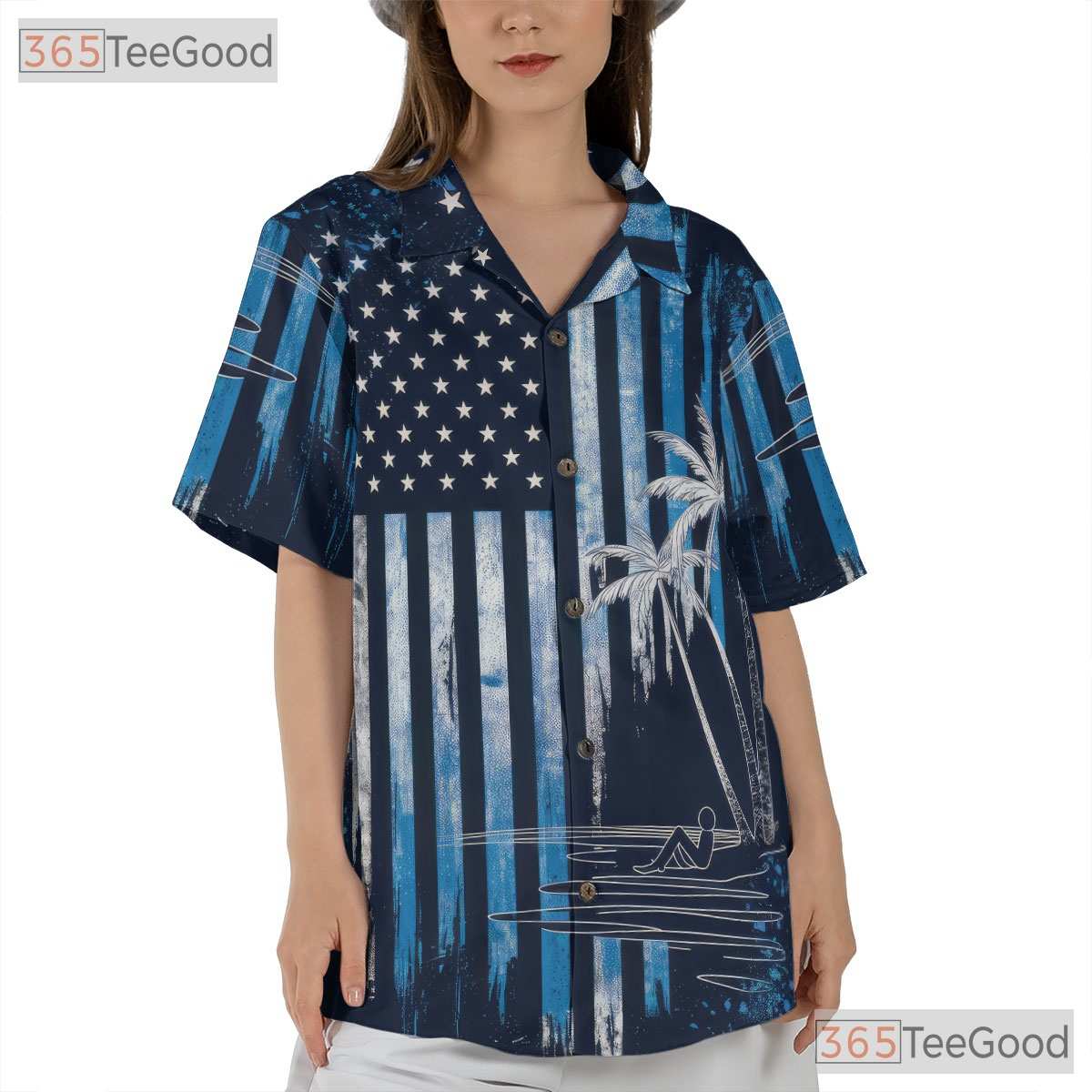Patriotic USA American Flag Palm Tree Beach Print Hawaiian Shirt Unisex Top