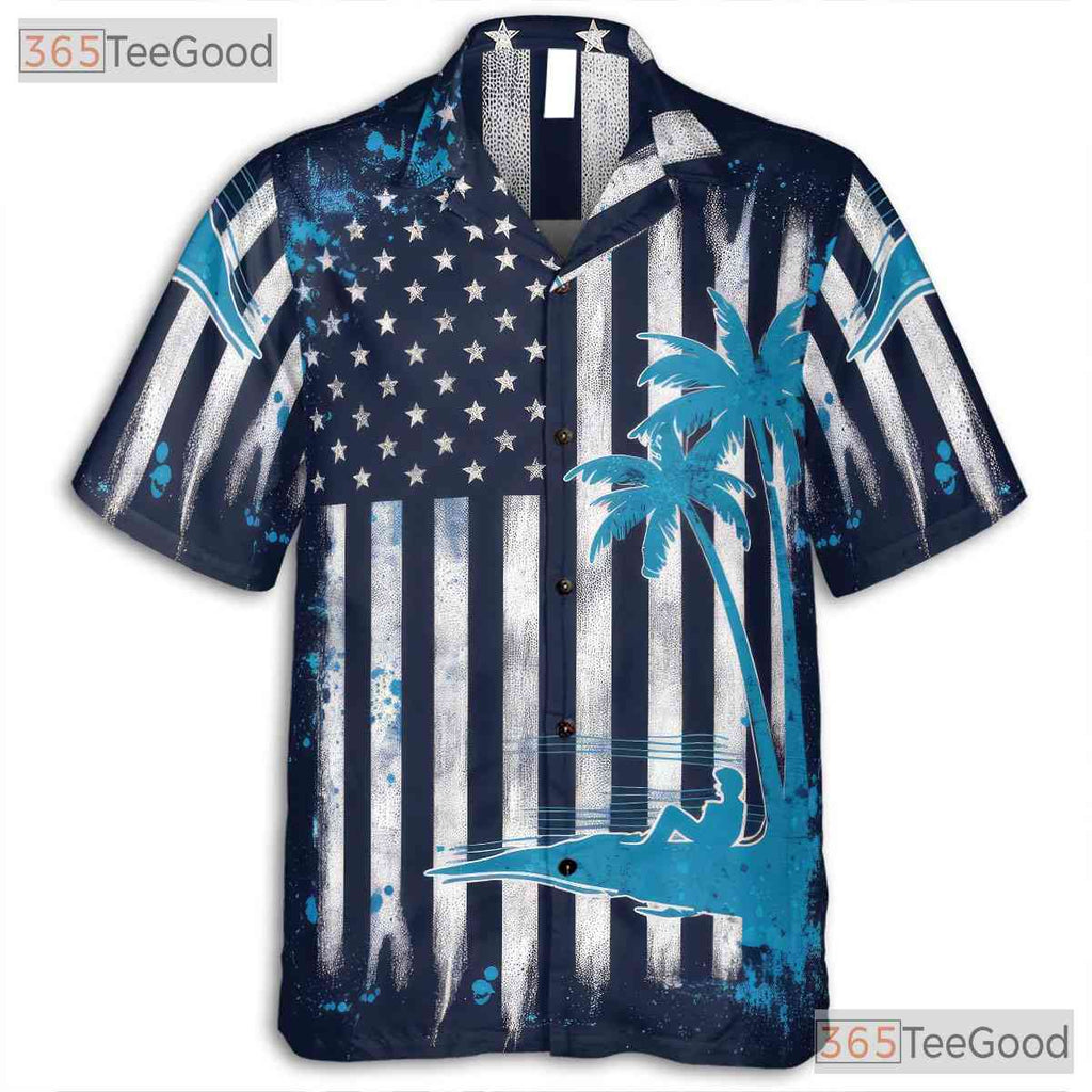 Patriotic USA Flag Beach Palm Tree Print Hawaiian Tee Men Women Summer Outfit
