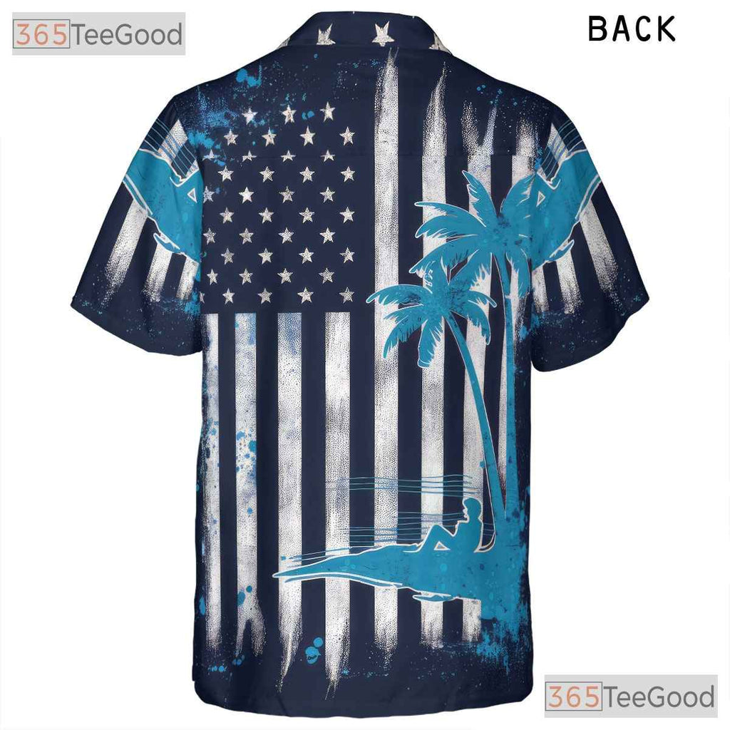 Patriotic USA Flag Beach Palm Tree Print Hawaiian Tee Men Women Summer Outfit
