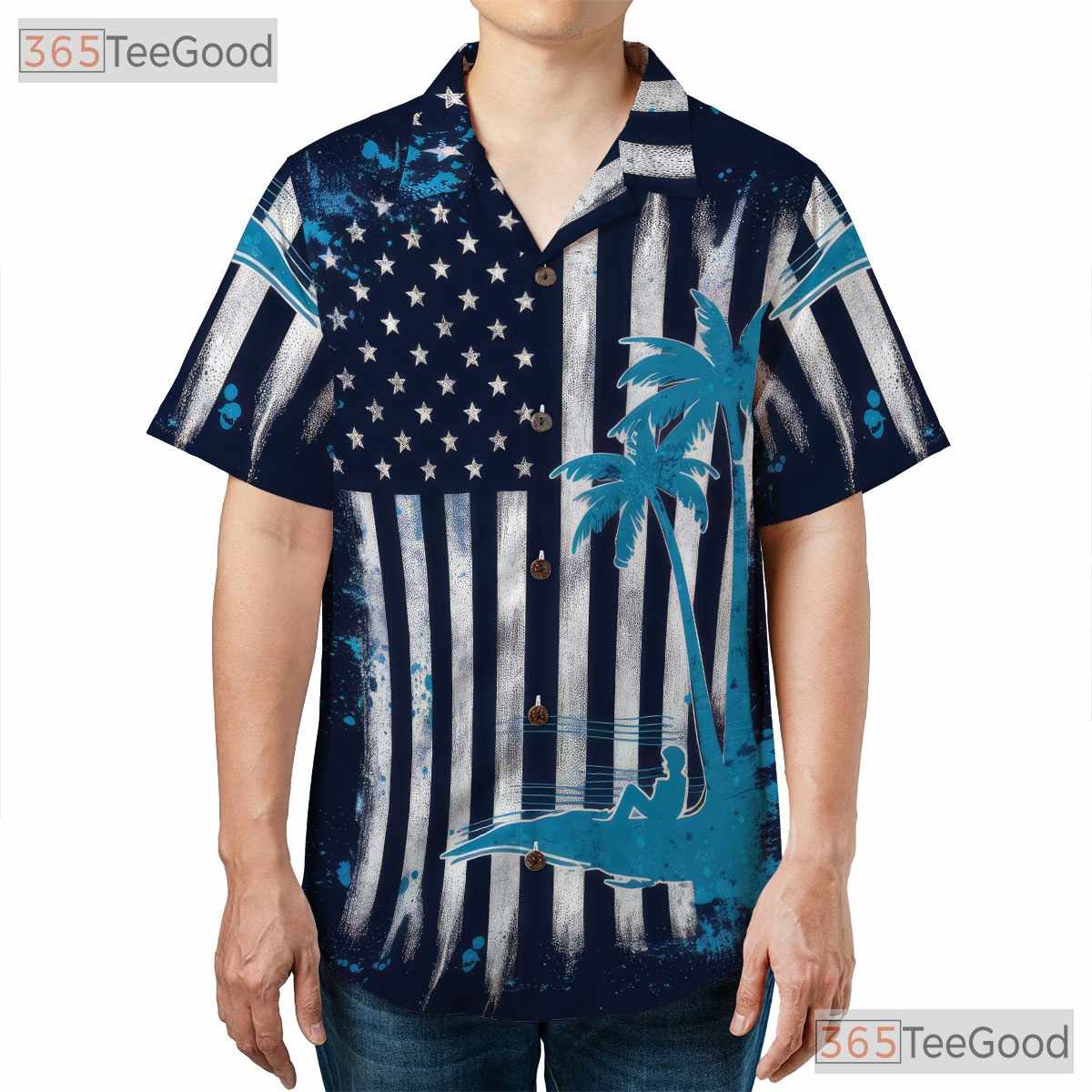 Patriotic USA Flag Beach Palm Tree Print Hawaiian Tee Men Women Summer Outfit