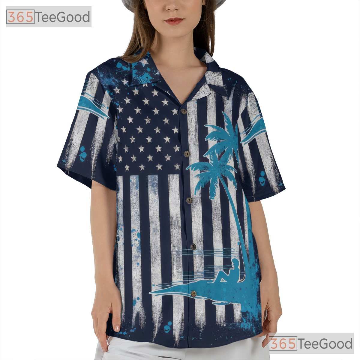 Patriotic USA Flag Beach Palm Tree Print Hawaiian Tee Men Women Summer Outfit