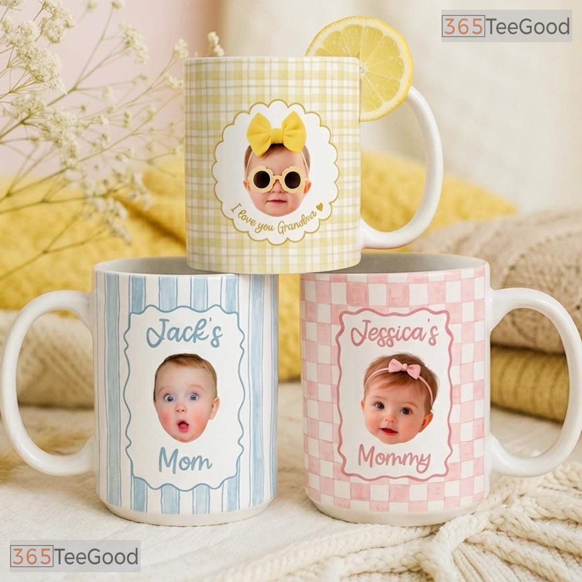 Custom Baby Face Photo Stripe Mother's Day Gift For Mom And Grandma Ceramic Accent Mug