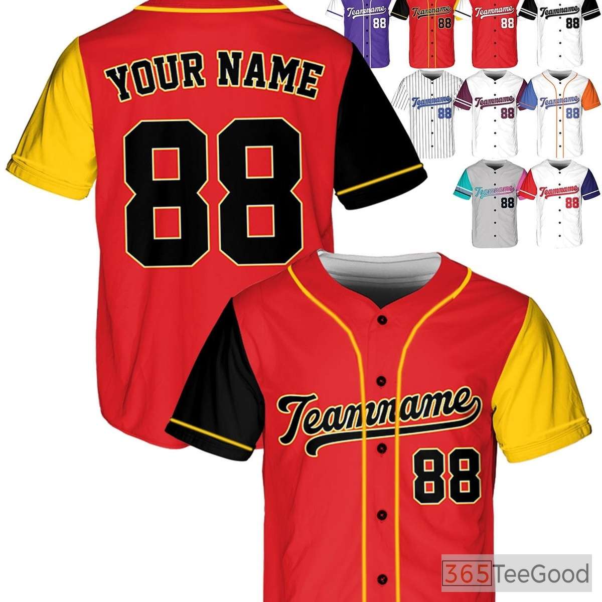 Personalized Baseball Jersey Tee - Custom Stitched Name & Number in Black, Red, Yellow