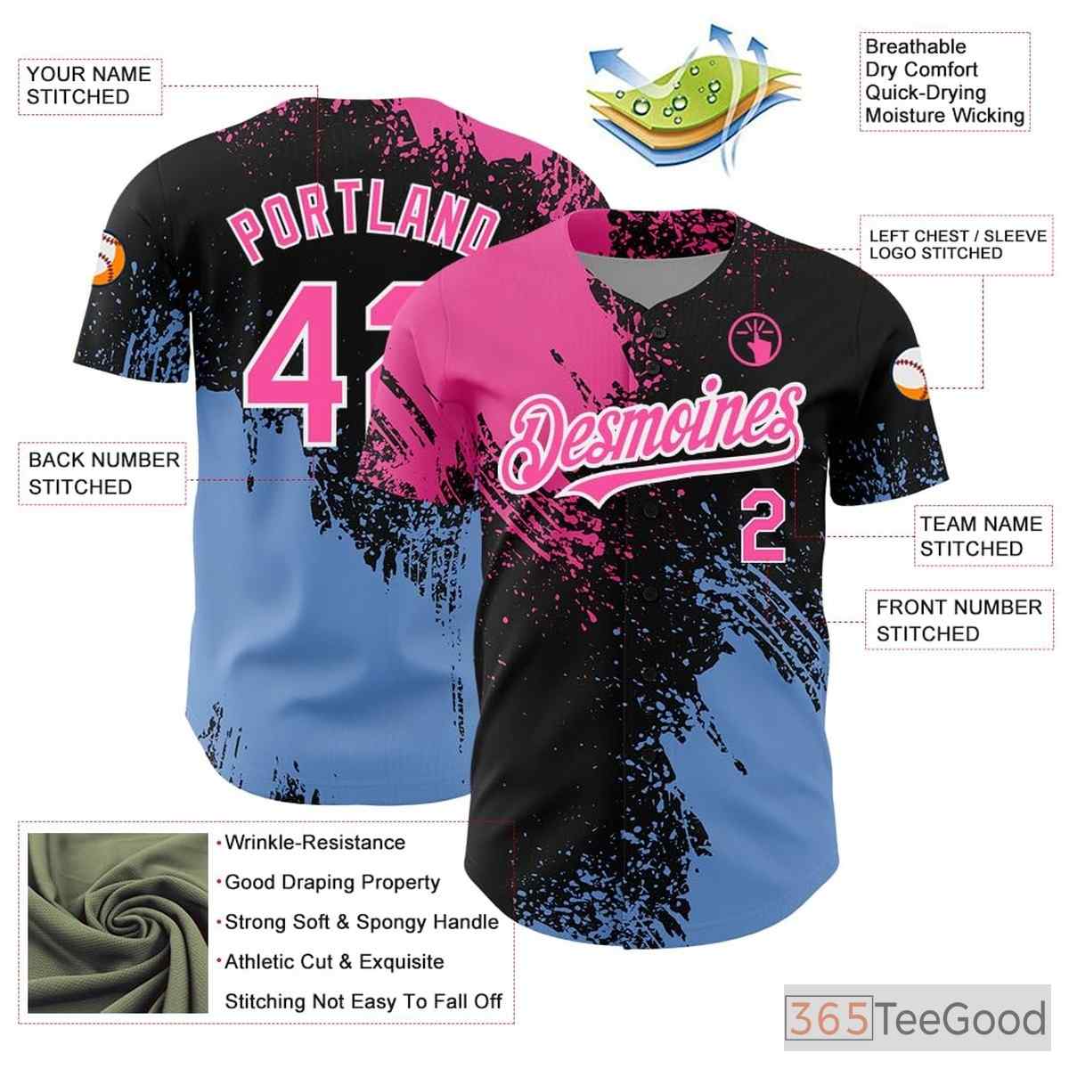 Personalized Baseball Jersey Tee - Stitched Name & Number in Black, Blue, Pink