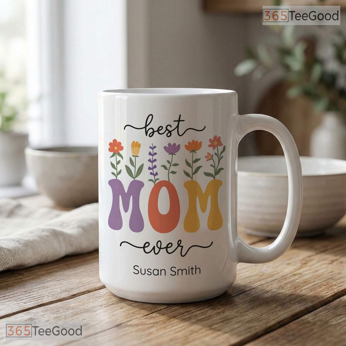 Personalized Best Mom Ever Mug - Custom Name Birth Flower Motherhood Ceramic Accent Mug