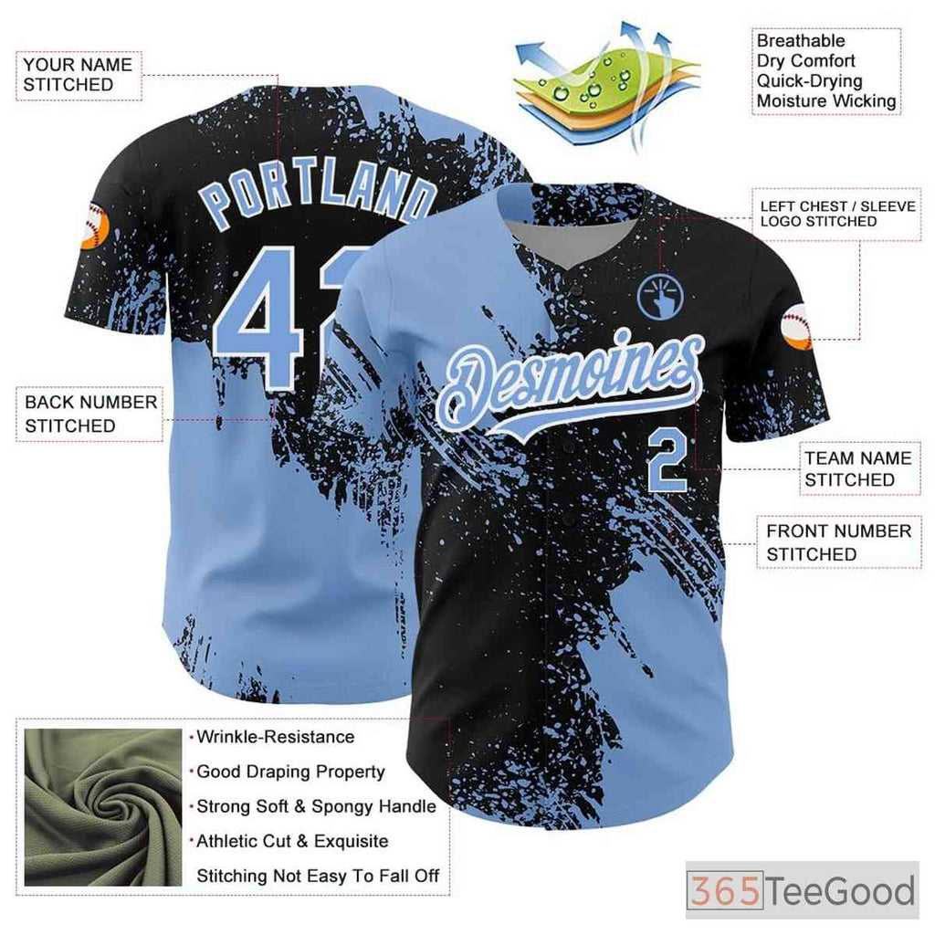 Personalized Black & Blue Baseball Jersey Tee with Full Button & Stitched Name Number