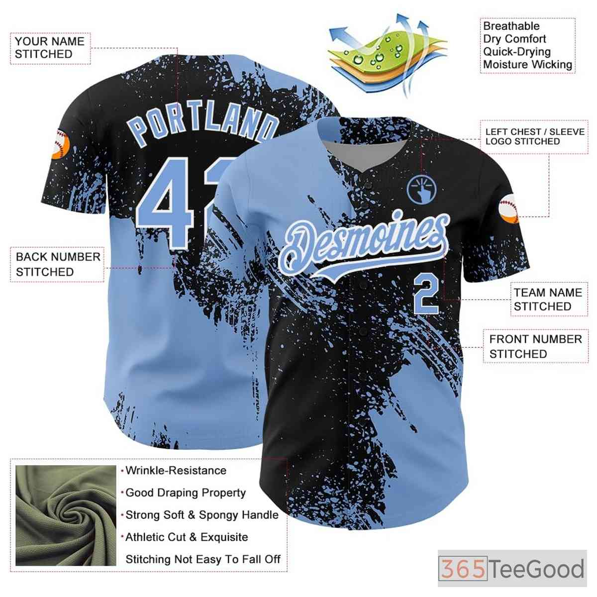 Personalized Black & Blue Baseball Jersey Tee with Full Button & Stitched Name Number