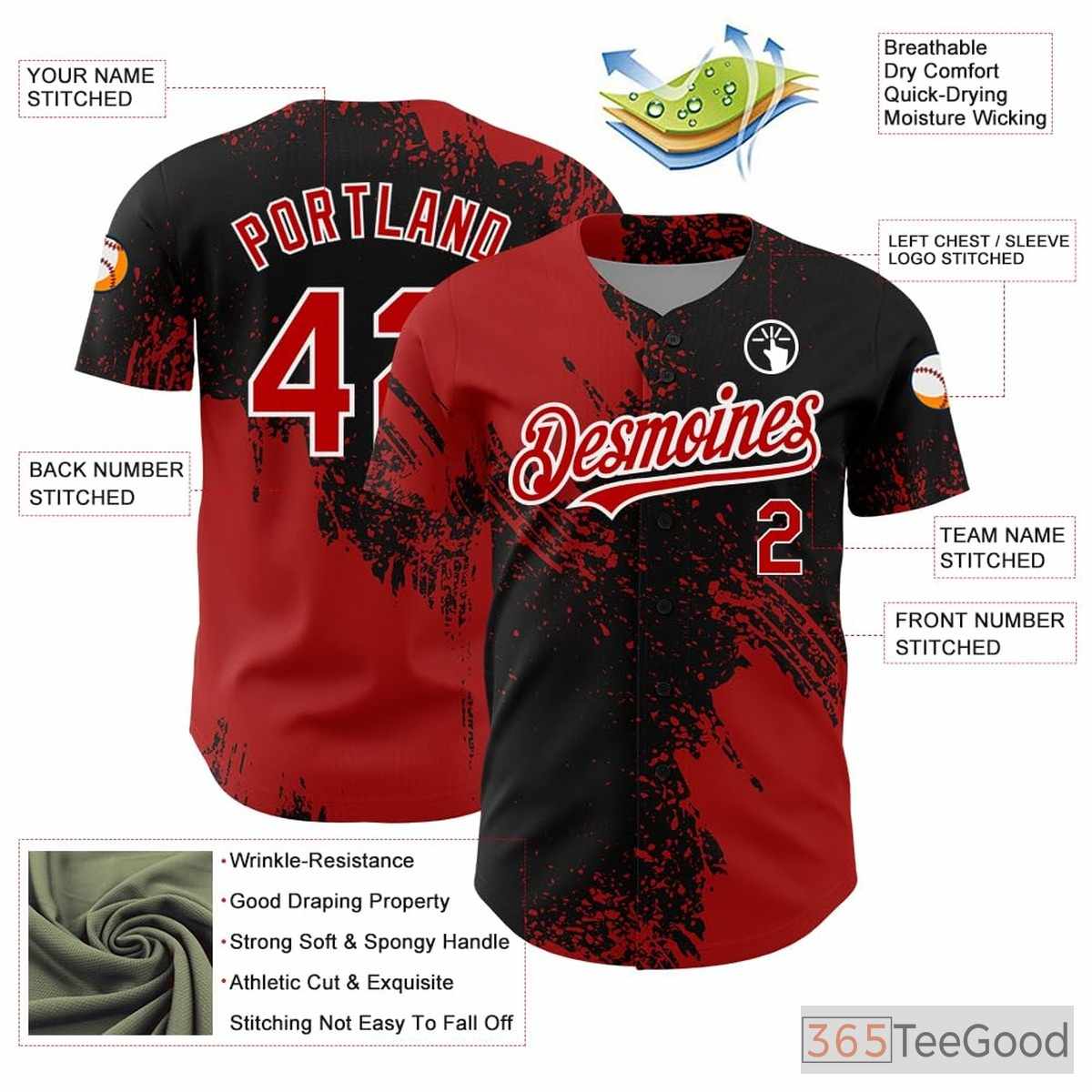 Personalized Black & Red Baseball Jersey Tee - Custom Stitched Name & Number