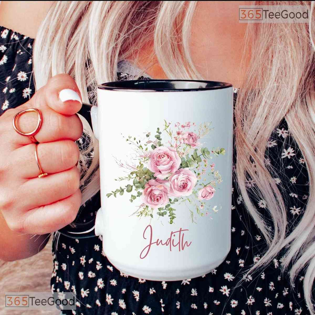 Personalized Custom Name Floral Mug - Botanical Aesthetic Tea Cup Ceramic Accent Mug