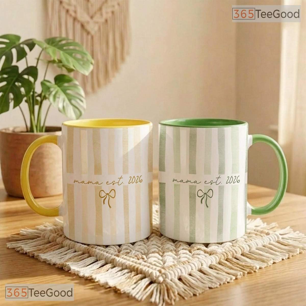 Personalized Mama Est Year Mug - Custom Striped Mother's Day Gift Ceramic Accent Mug