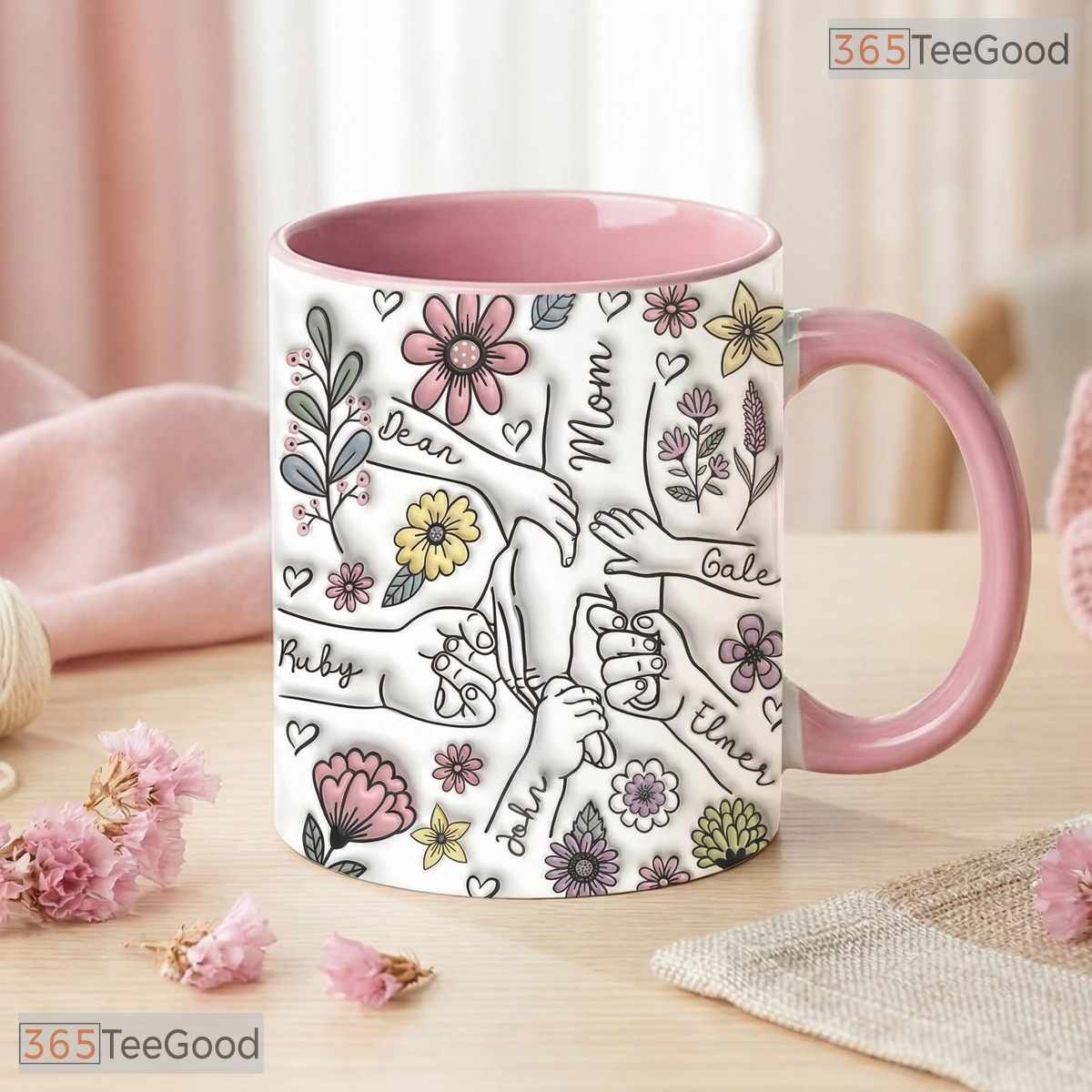 Personalized Mom Mug With Kids Names - Custom Floral Mother's Day Ceramic Accent Mug