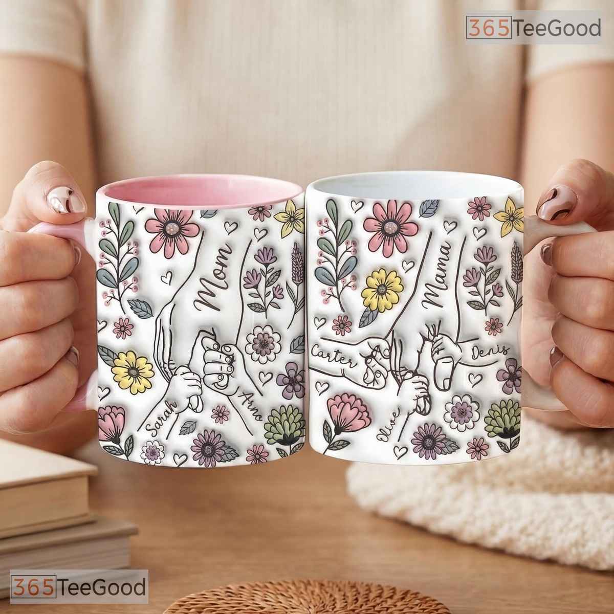 Personalized Mom Mug With Kids Names - Custom Floral Mother's Day Ceramic Accent Mug