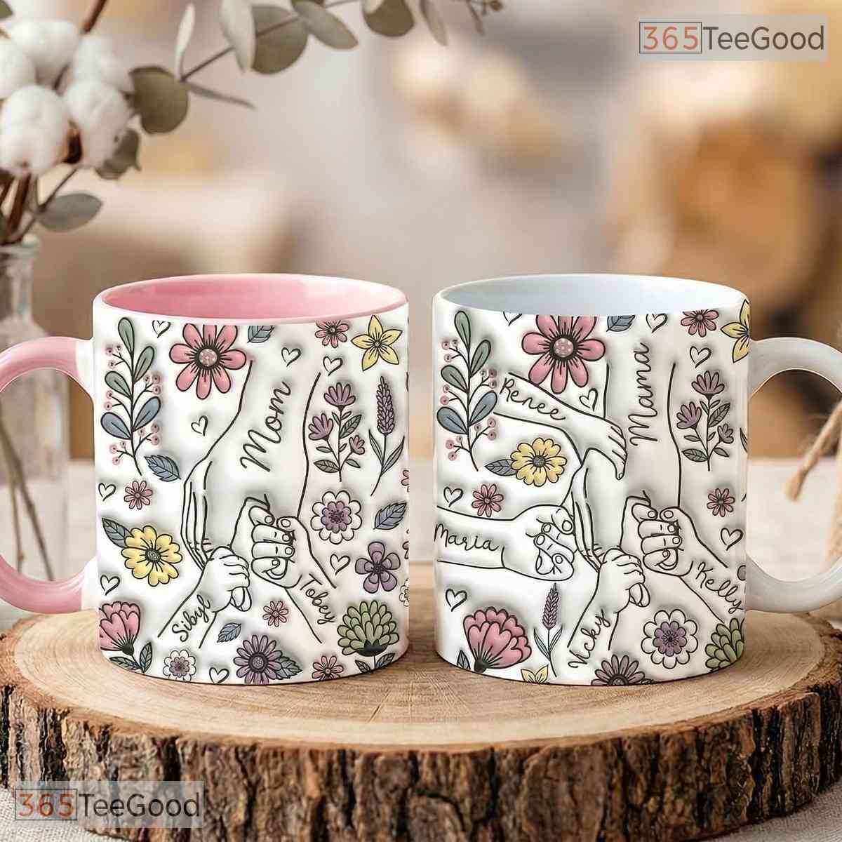 Personalized Mom Mug With Kids Names - Custom Floral Mother's Day Ceramic Accent Mug