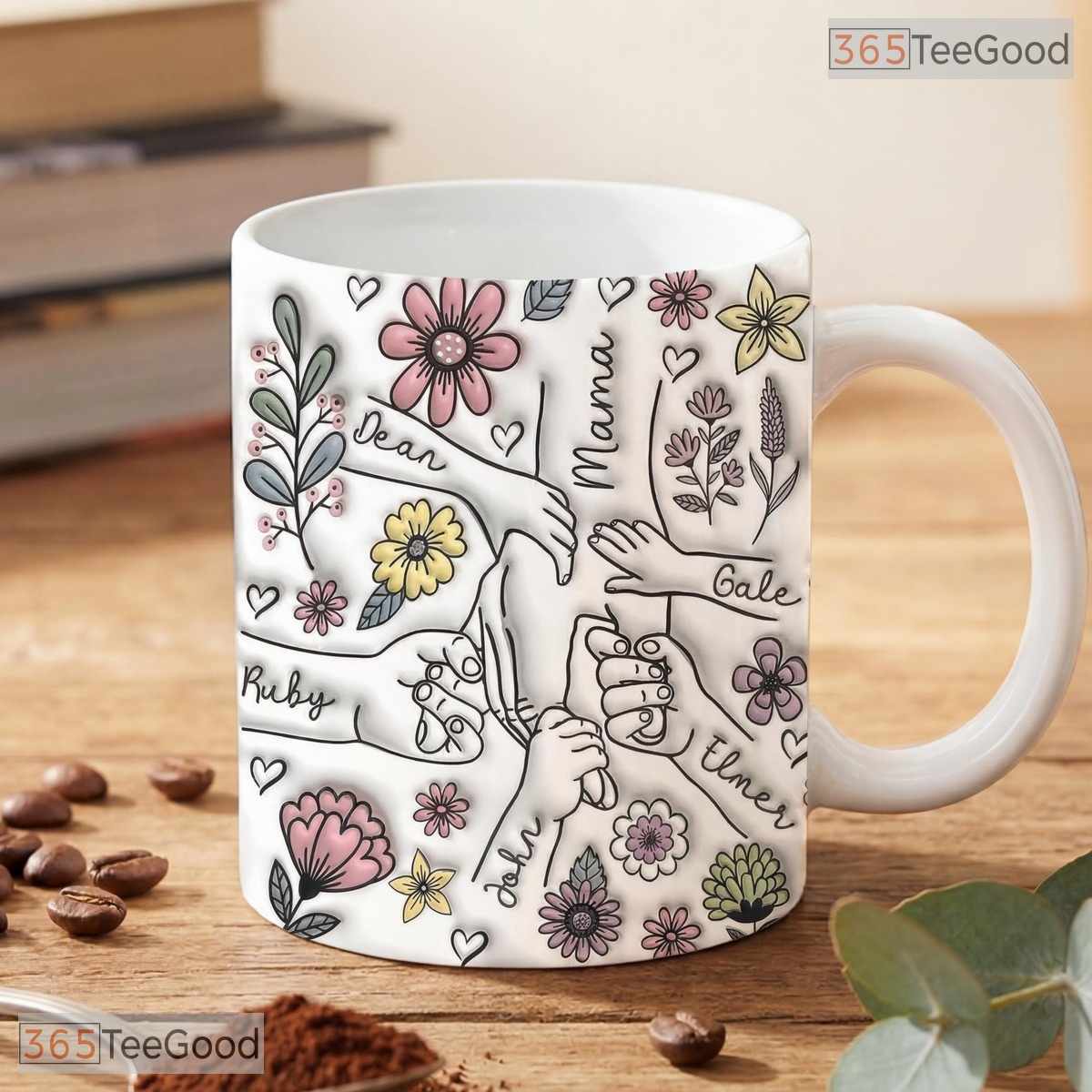 Personalized Mom Mug With Kids Names - Custom Floral Mother's Day Ceramic Accent Mug