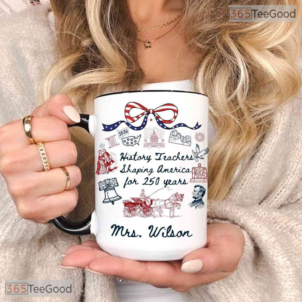Personalized USA 250th Anniversary Teacher Mug - Patriotic Classroom Ceramic Accent Mug