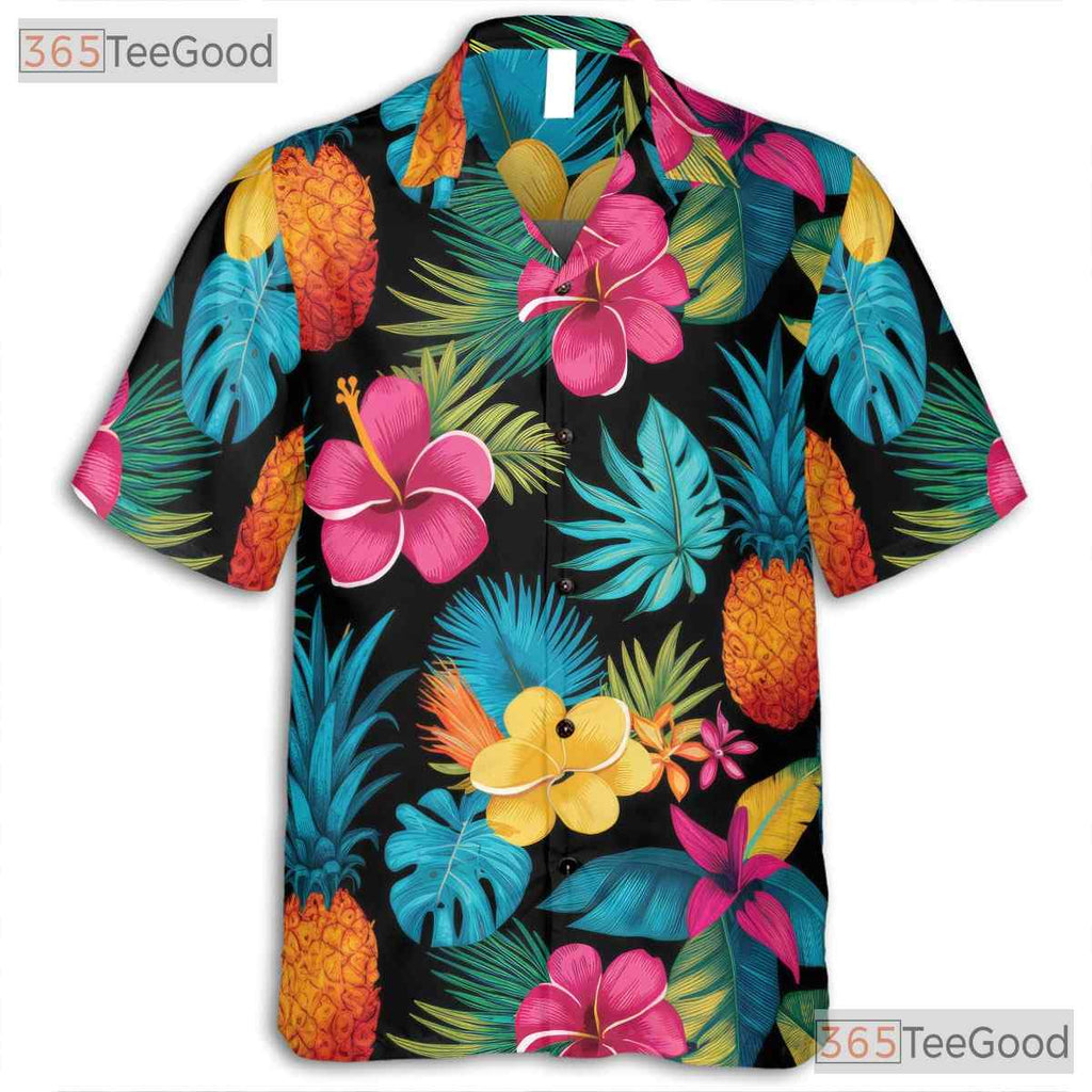 Pineapple Hibiscus Floral Hawaiian Tee- Unisex Tropical Paradise Summer Top