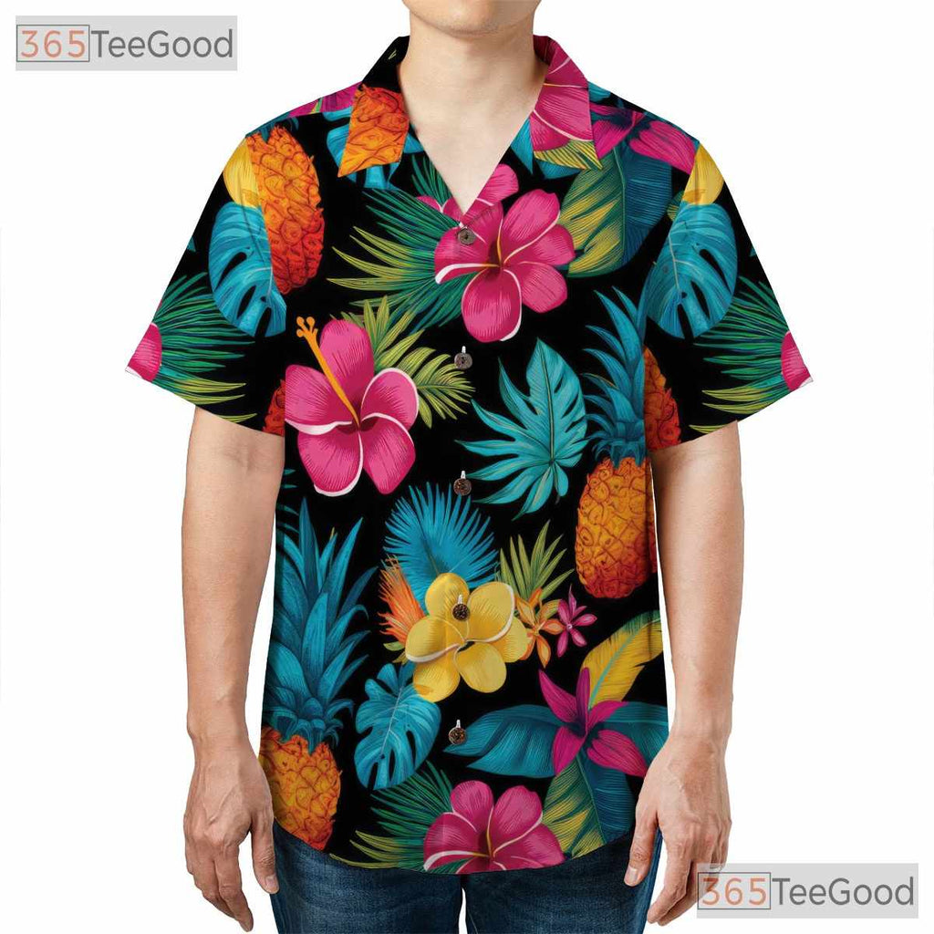 Pineapple Hibiscus Floral Hawaiian Tee- Unisex Tropical Paradise Summer Top