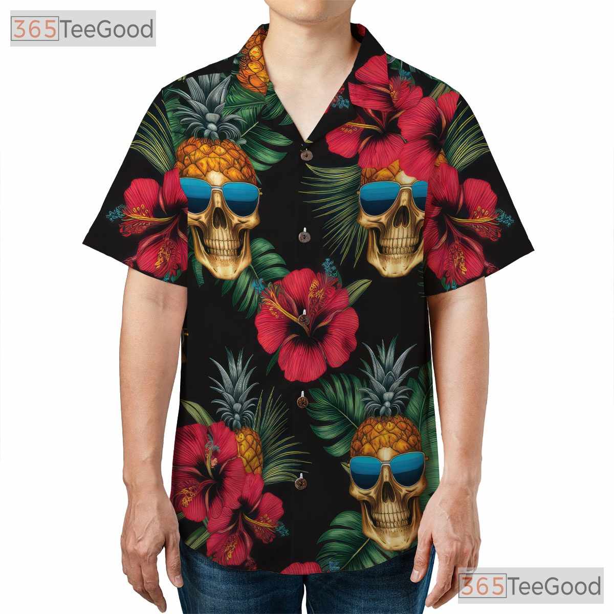Pineapple Skull Floral Tropical Gothic Aloha Beach Hawaiian Tee Unisex Top