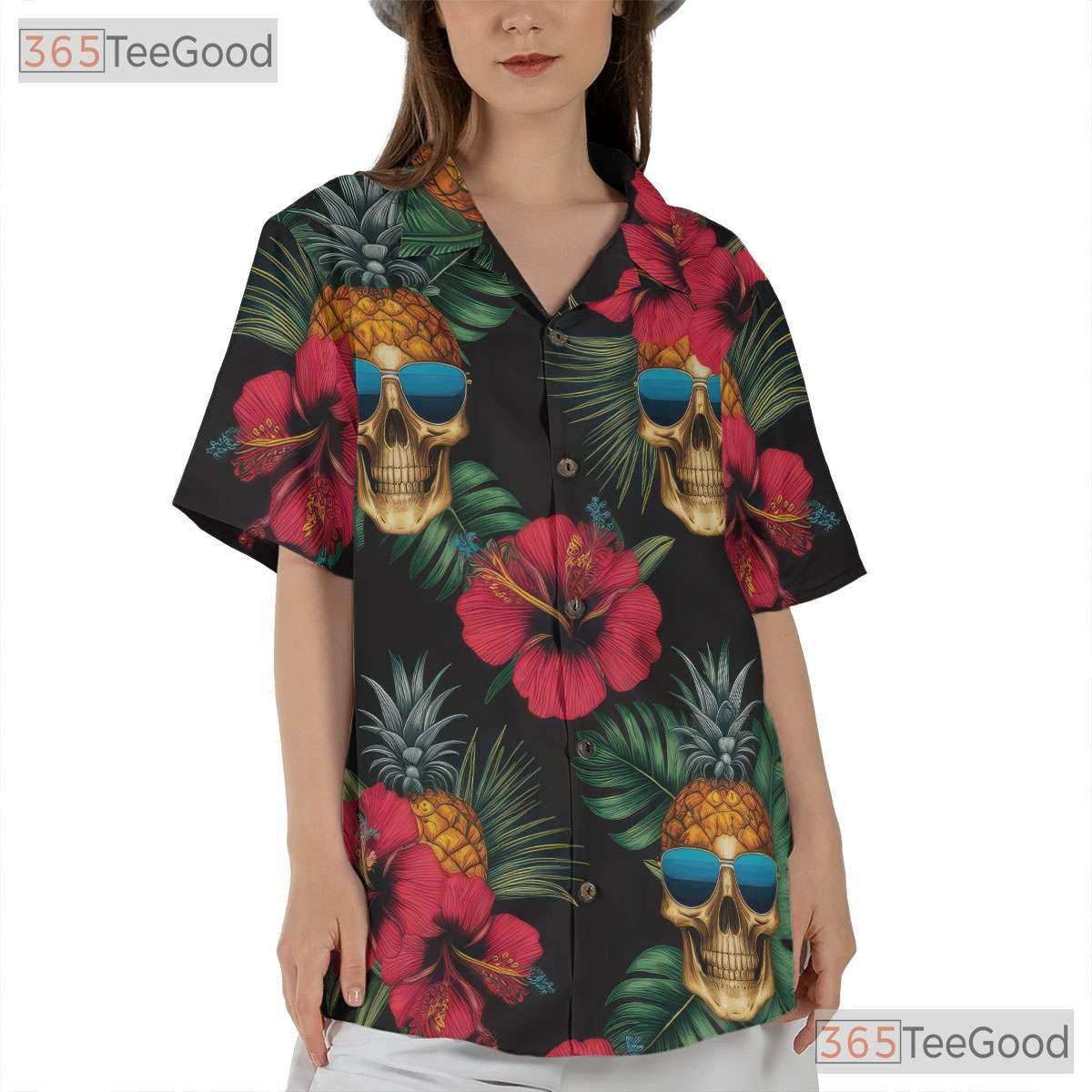 Pineapple Skull Floral Tropical Gothic Aloha Beach Hawaiian Tee Unisex Top