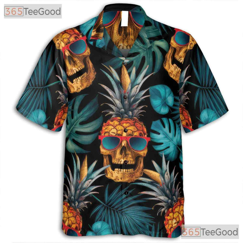 Pineapple Skull Hawaiian Shirt - Men's Tropical Gothic Design Aloha Tee