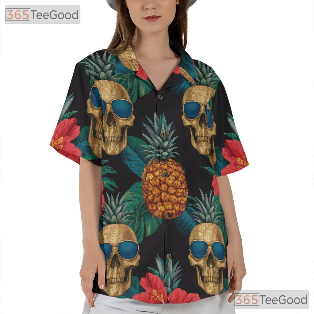 Pineapple Skull Retro Tropical Floral Gothic Aloha Hawaiian Shirt Unisex