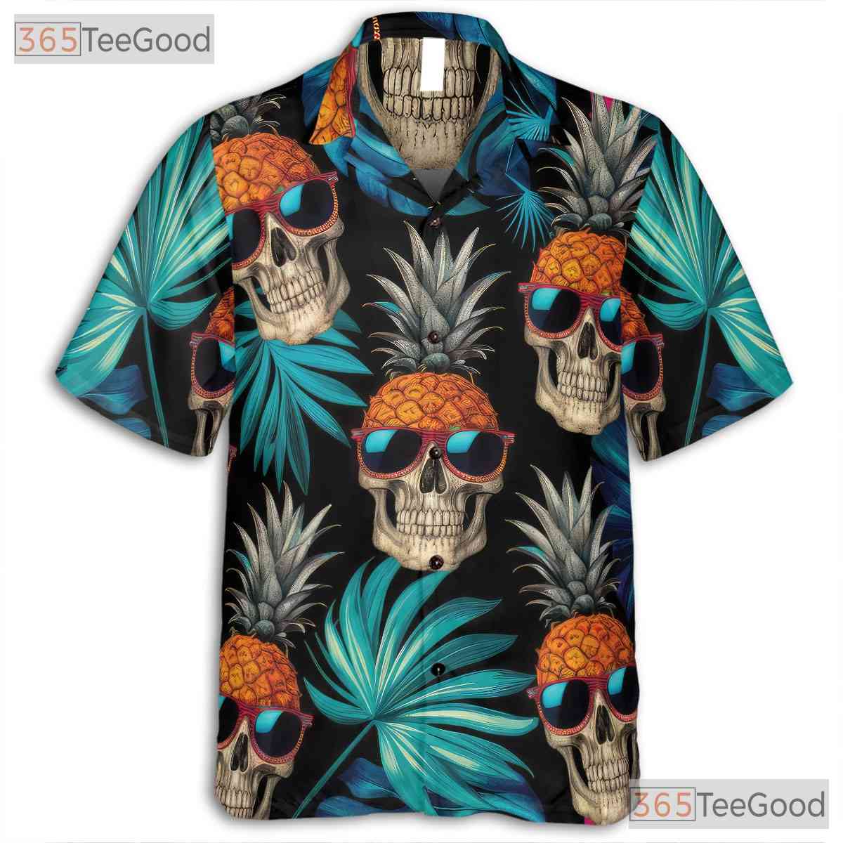 Pineapple Skull Tropical Hawaiian Tee - Adult Gothic Beach Party Shirt