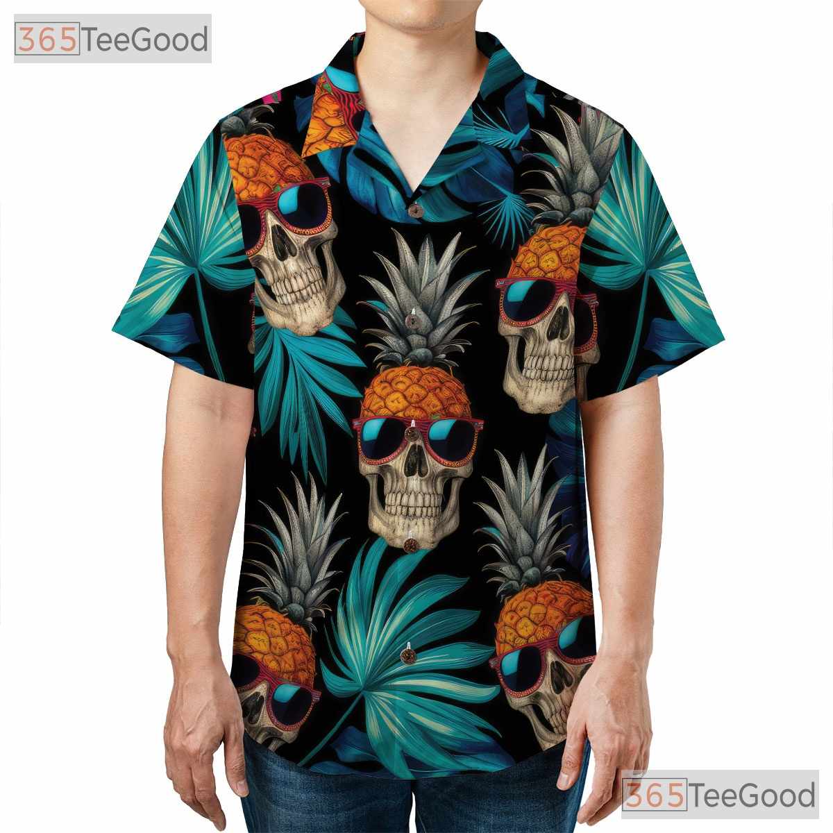Pineapple Skull Tropical Hawaiian Tee - Adult Gothic Beach Party Shirt