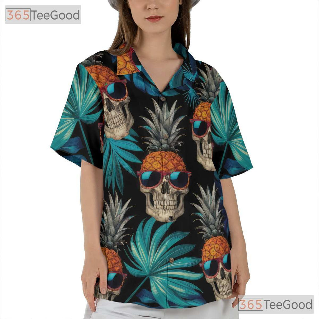 Pineapple Skull Tropical Hawaiian Tee - Adult Gothic Beach Party Shirt