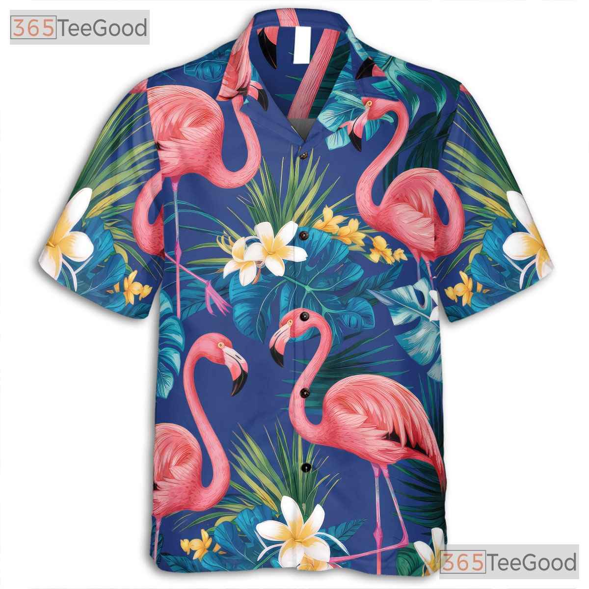 Pink Flamingo Tropical Blue Beach Hawaiian Shirt Unisex Summer Aloha Top Tee