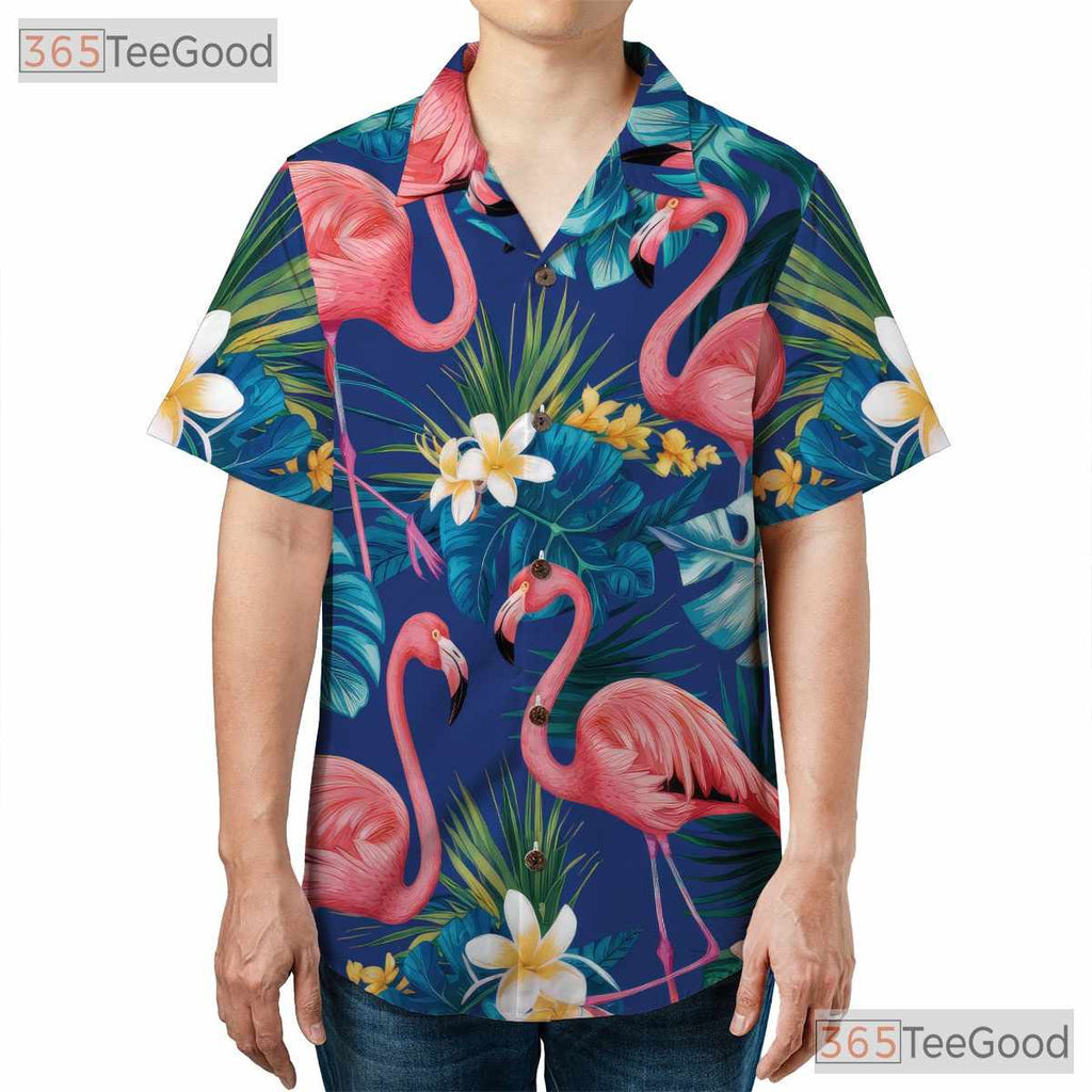 Pink Flamingo Tropical Blue Beach Hawaiian Shirt Unisex Summer Aloha Top Tee