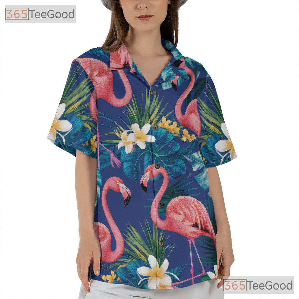 Pink Flamingo Tropical Blue Beach Hawaiian Shirt Unisex Summer Aloha Top Tee