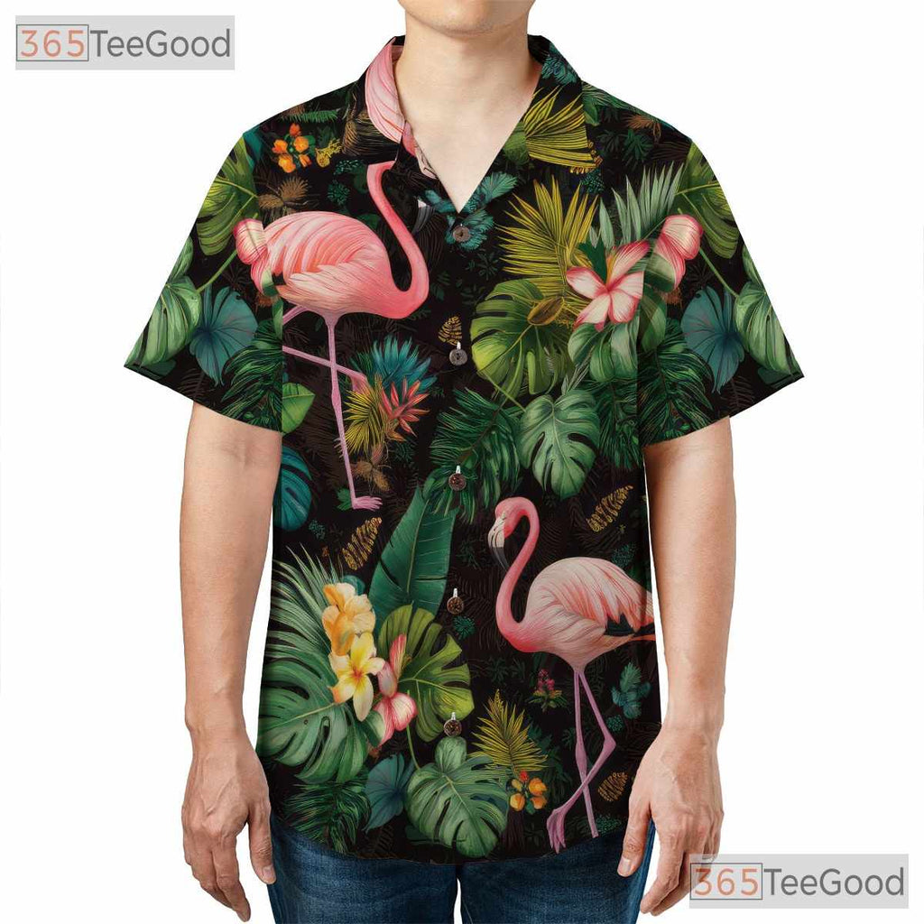 Pink Flamingo Tropical Leaves Flowers Hawaiian Shirt Unisex Aloha Beach Top