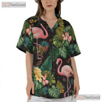 Pink Flamingo Tropical Leaves Flowers Hawaiian Shirt Unisex Aloha Beach Top