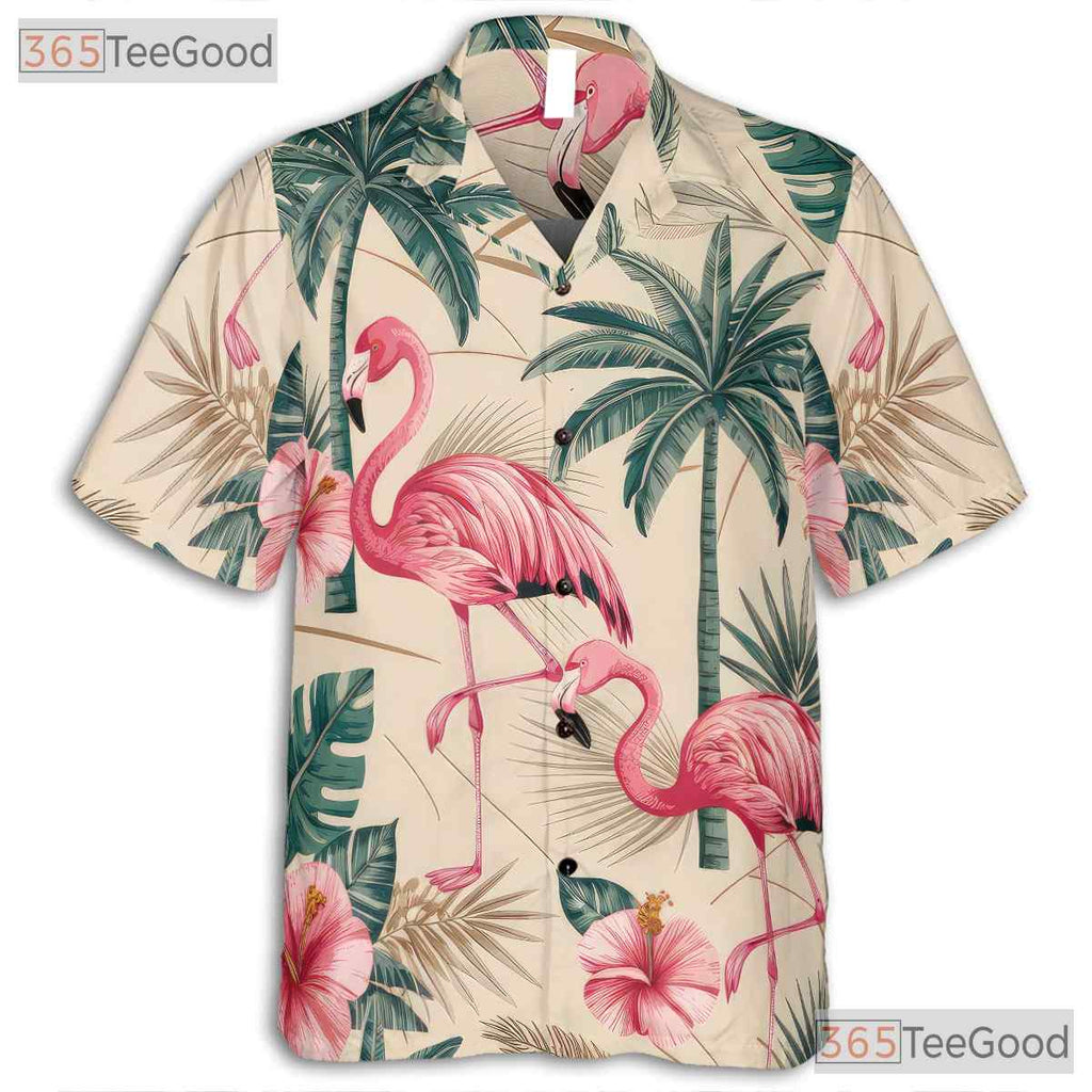 Pink Flamingo Tropical Palm Leaves Print Hawaiian Tee Unisex Summer Outfit