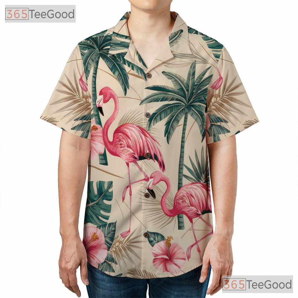 Pink Flamingo Tropical Palm Leaves Print Hawaiian Tee Unisex Summer Outfit