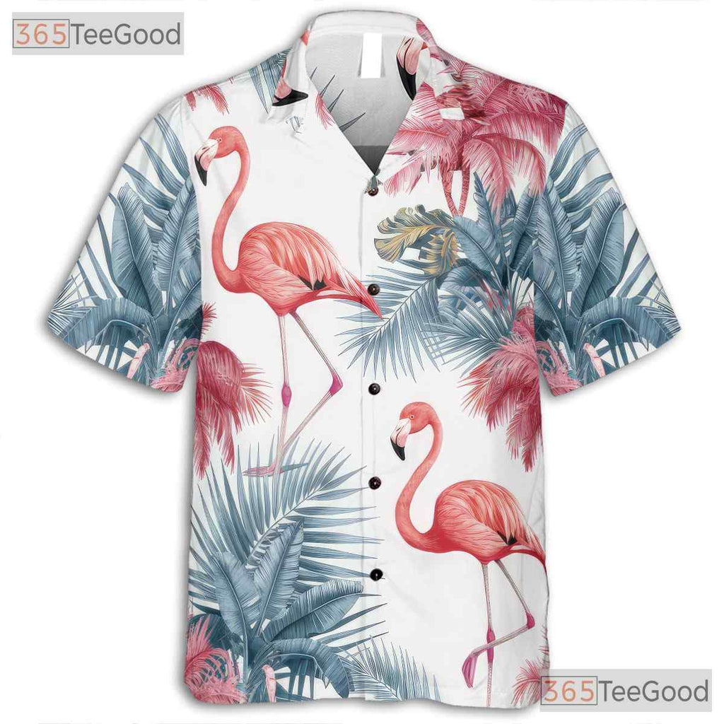 Pink Flamingos Palm Trees White Tropical Print Hawaiian Shirt Unisex Top
