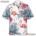Pink Flamingos Palm Trees White Tropical Print Hawaiian Shirt Unisex Top