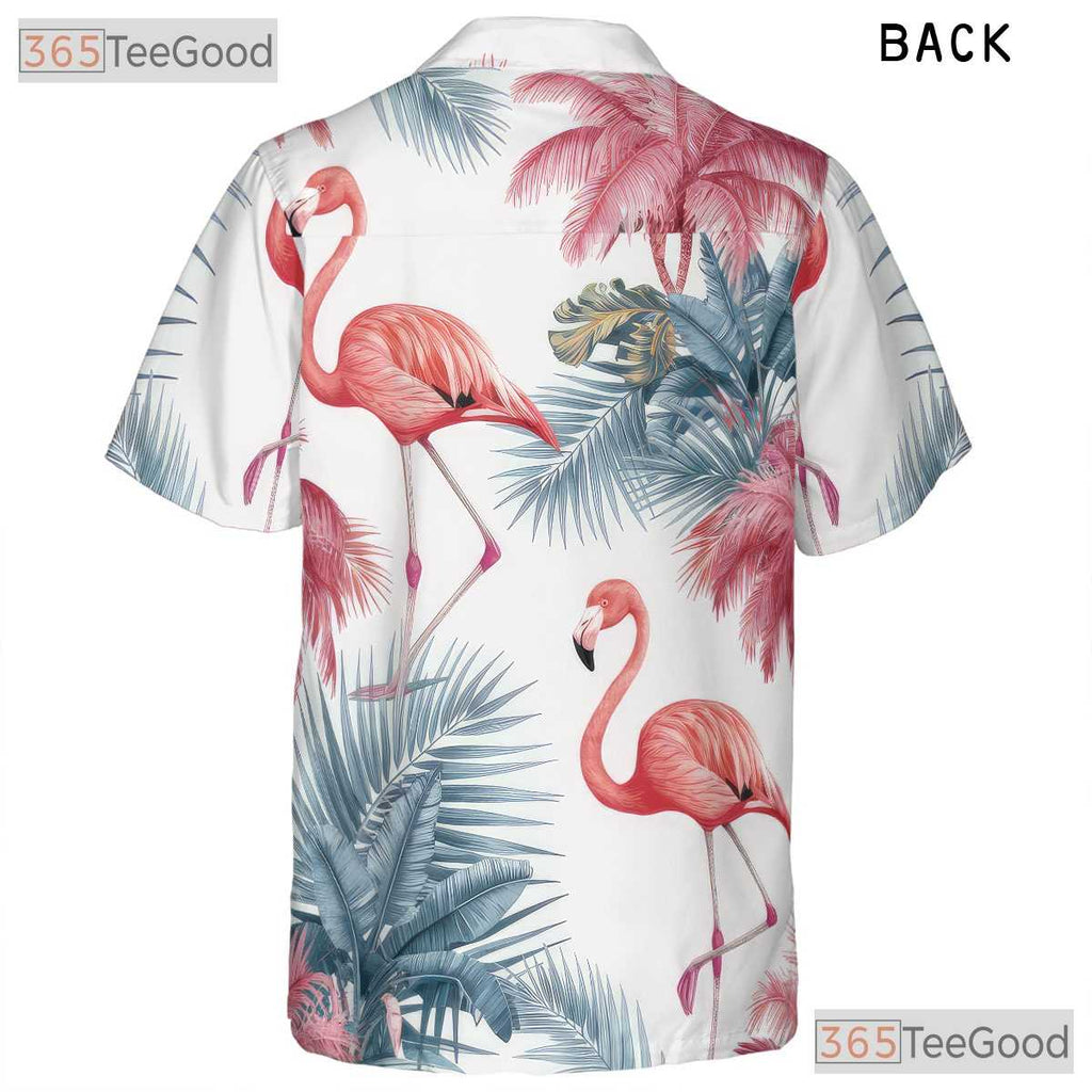 Pink Flamingos Palm Trees White Tropical Print Hawaiian Shirt Unisex Top
