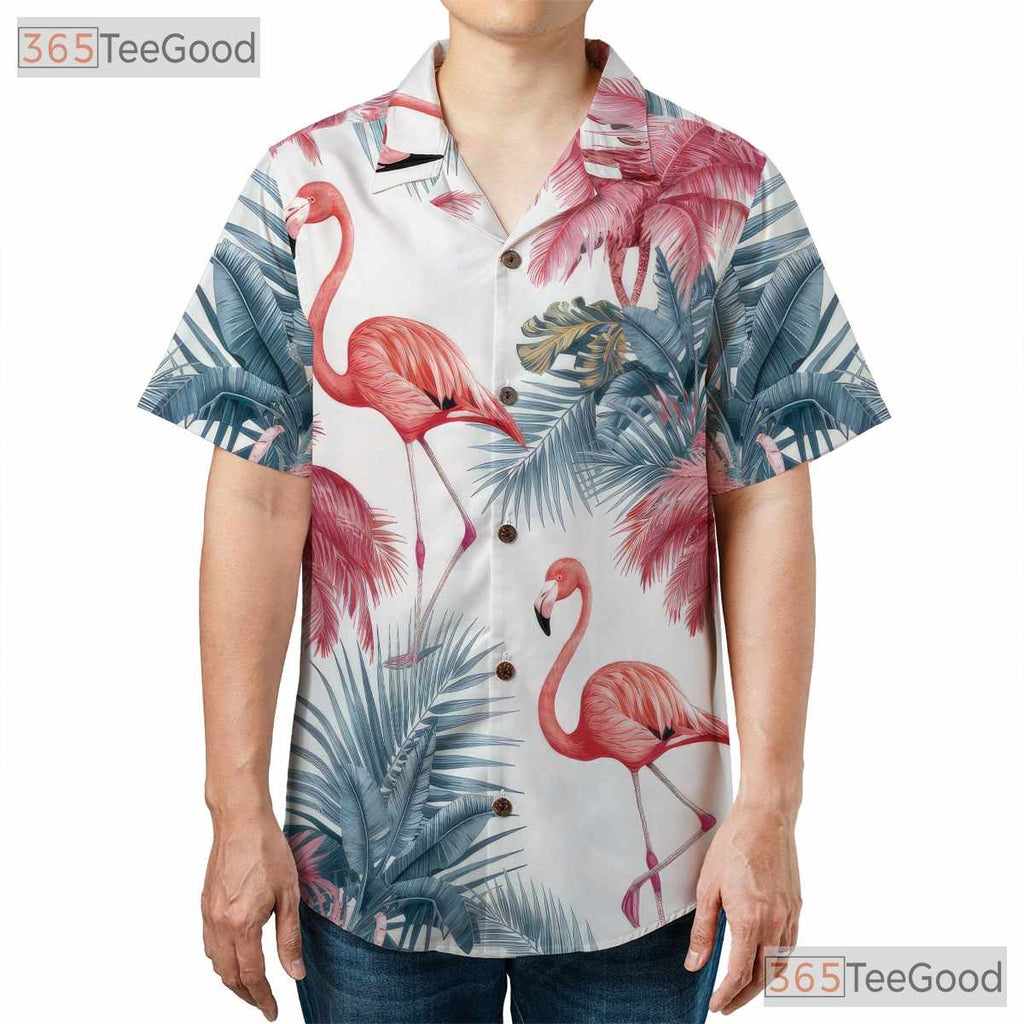 Pink Flamingos Palm Trees White Tropical Print Hawaiian Shirt Unisex Top
