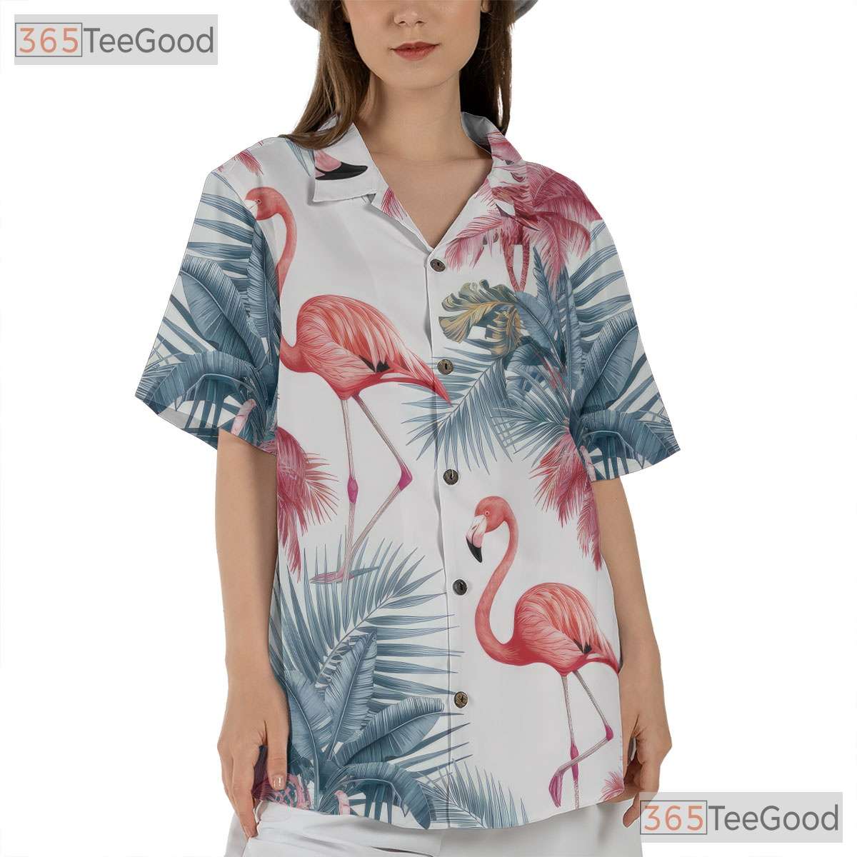 Pink Flamingos Palm Trees White Tropical Print Hawaiian Shirt Unisex Top