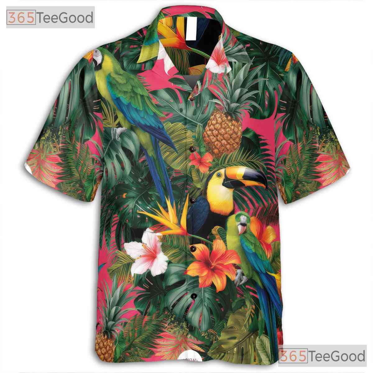 Pink Paradise Tropical Parrots Floral Hawaiian Shirt Unisex Summer Beach Top