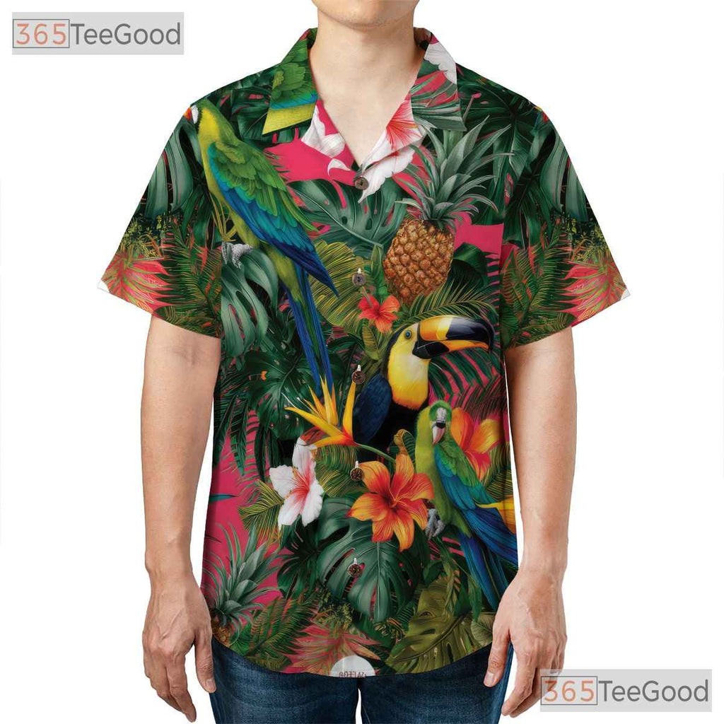 Pink Paradise Tropical Parrots Floral Hawaiian Shirt Unisex Summer Beach Top