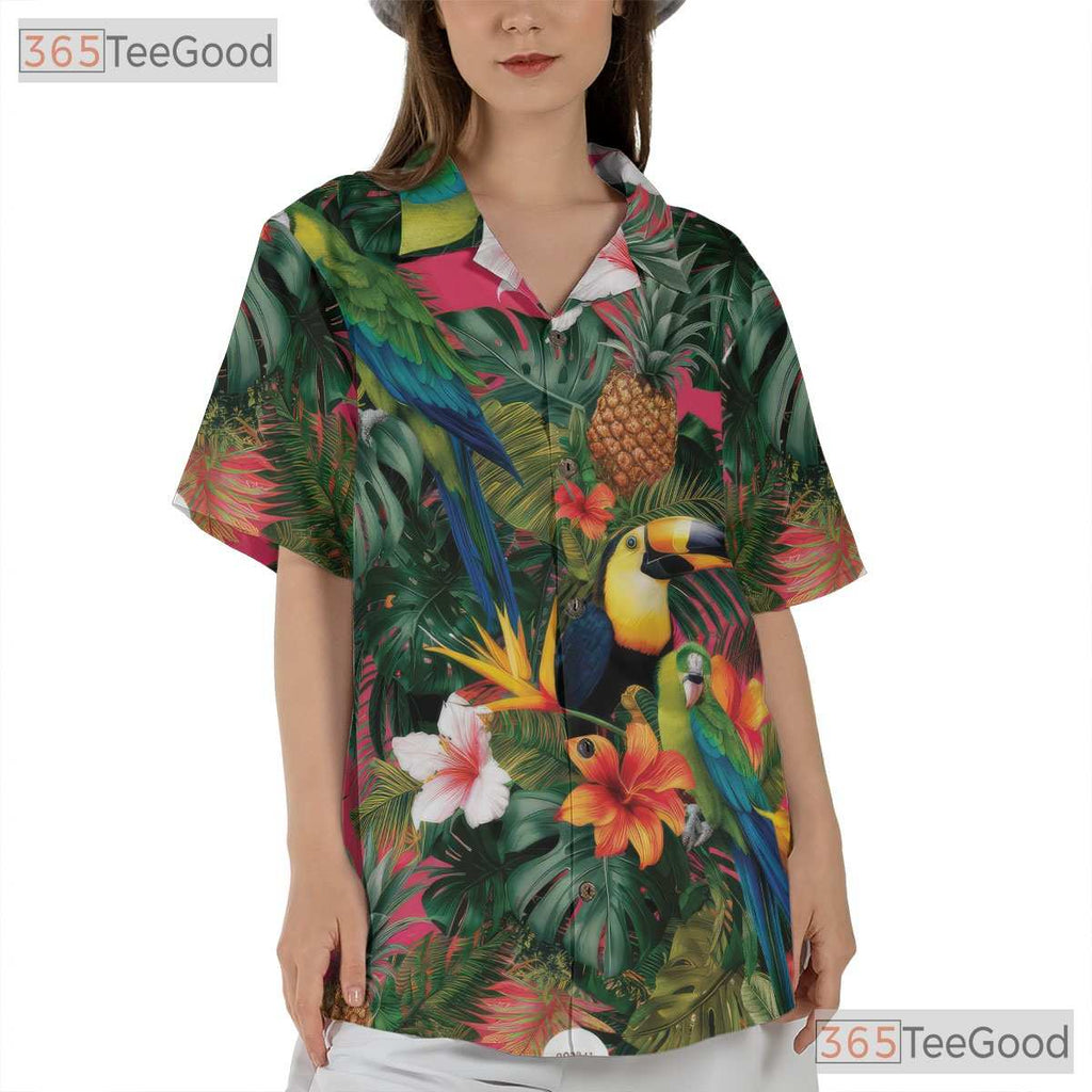 Pink Paradise Tropical Parrots Floral Hawaiian Shirt Unisex Summer Beach Top