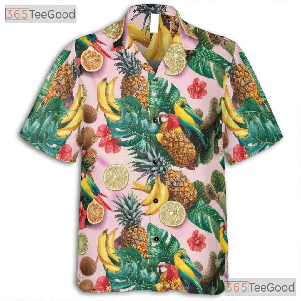 Pink Tropical Parrots Floral Fruit Pattern Hawaiian Shirt Men Women Summer Top