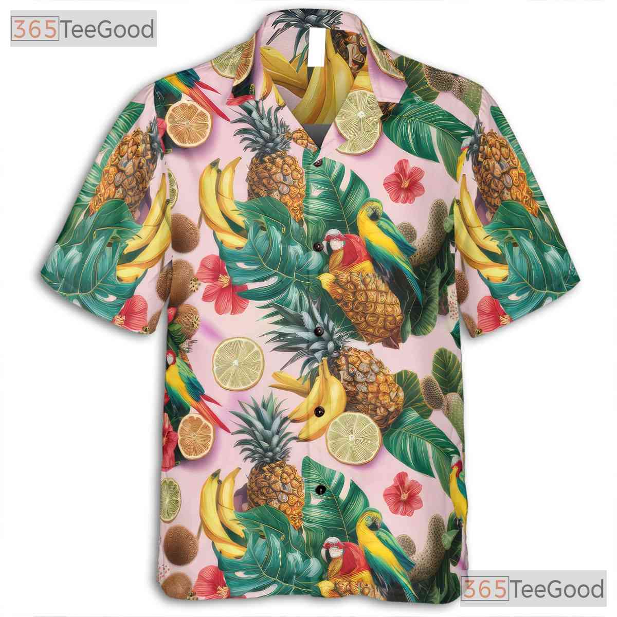 Pink Tropical Parrots Floral Fruit Pattern Hawaiian Shirt Men Women Summer Top